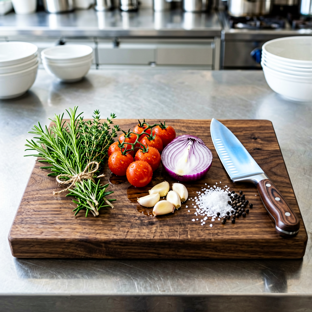 Ingredients prepped and organized on cutting board, mise en place, professional kitchen setup