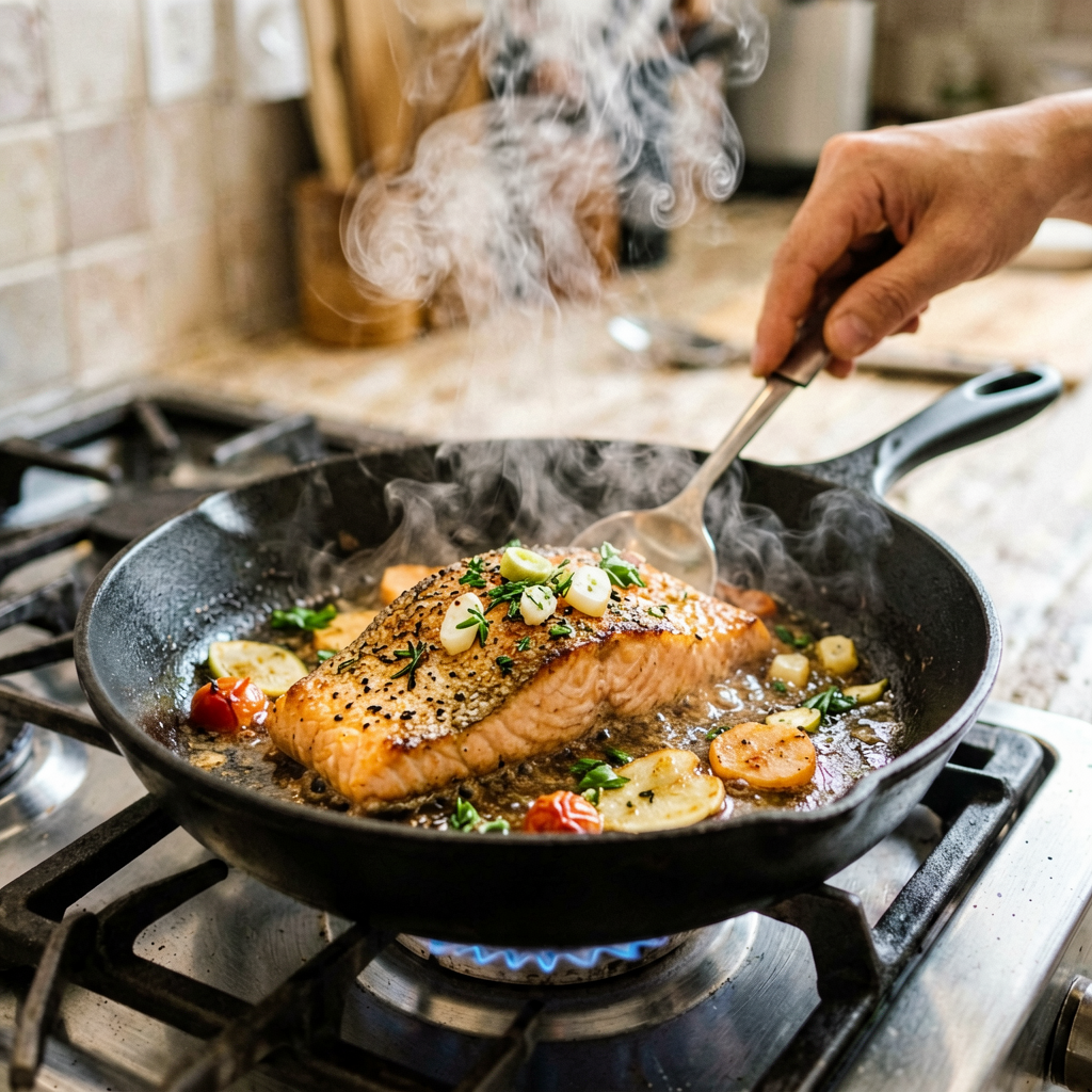 Cooking process shot, American Salmon Skillet for Date Night in pan, steam rising, professional action photography