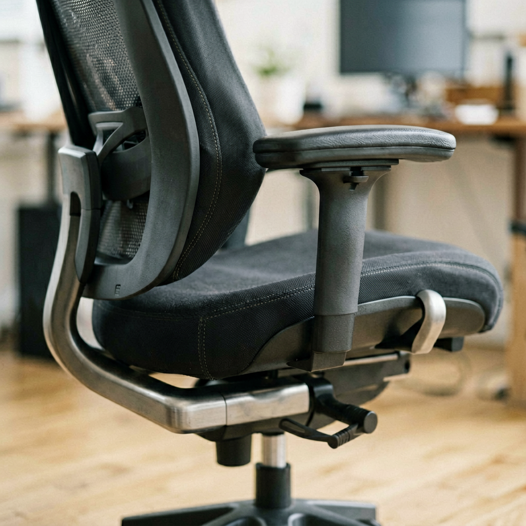 Close up detail shot of ergonomic chair in use, shallow depth of field, realistic product photography