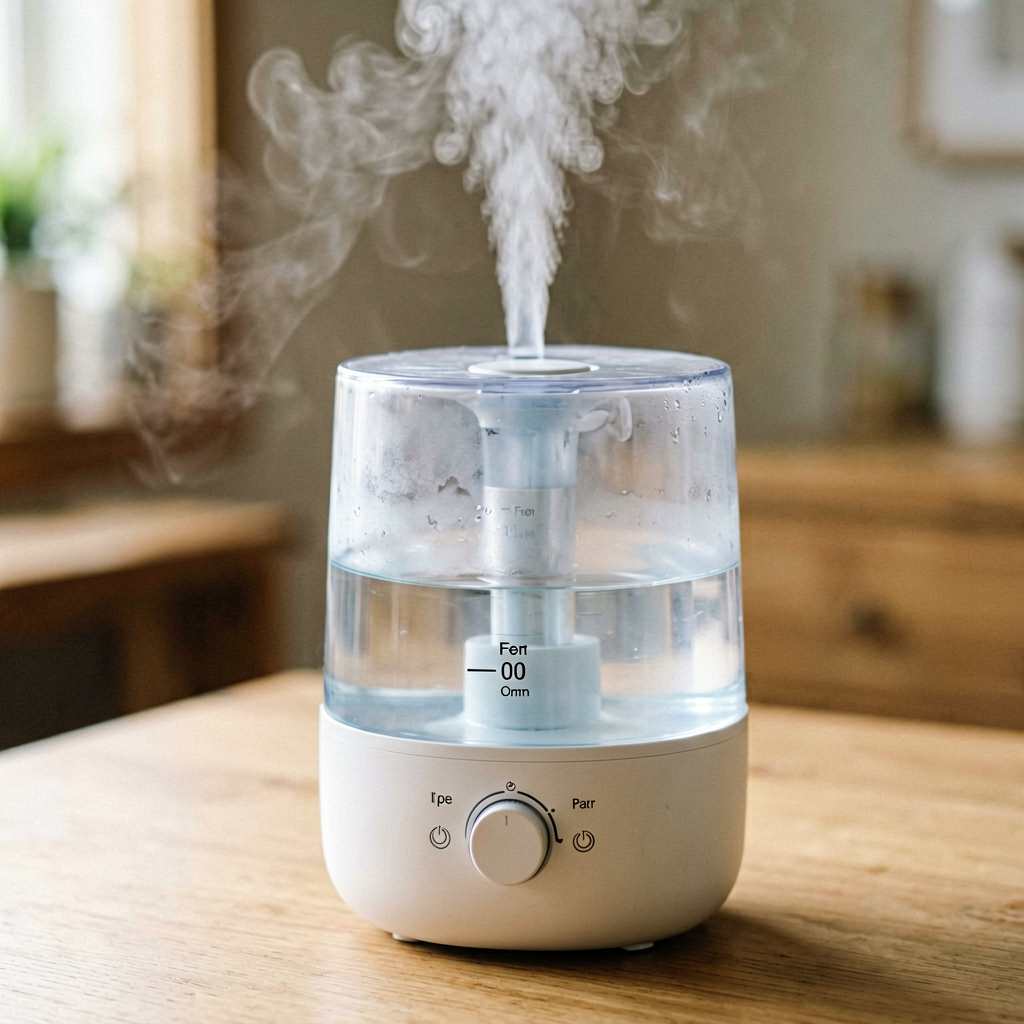 Close up detail shot of humidifier in use, shallow depth of field, realistic product photography