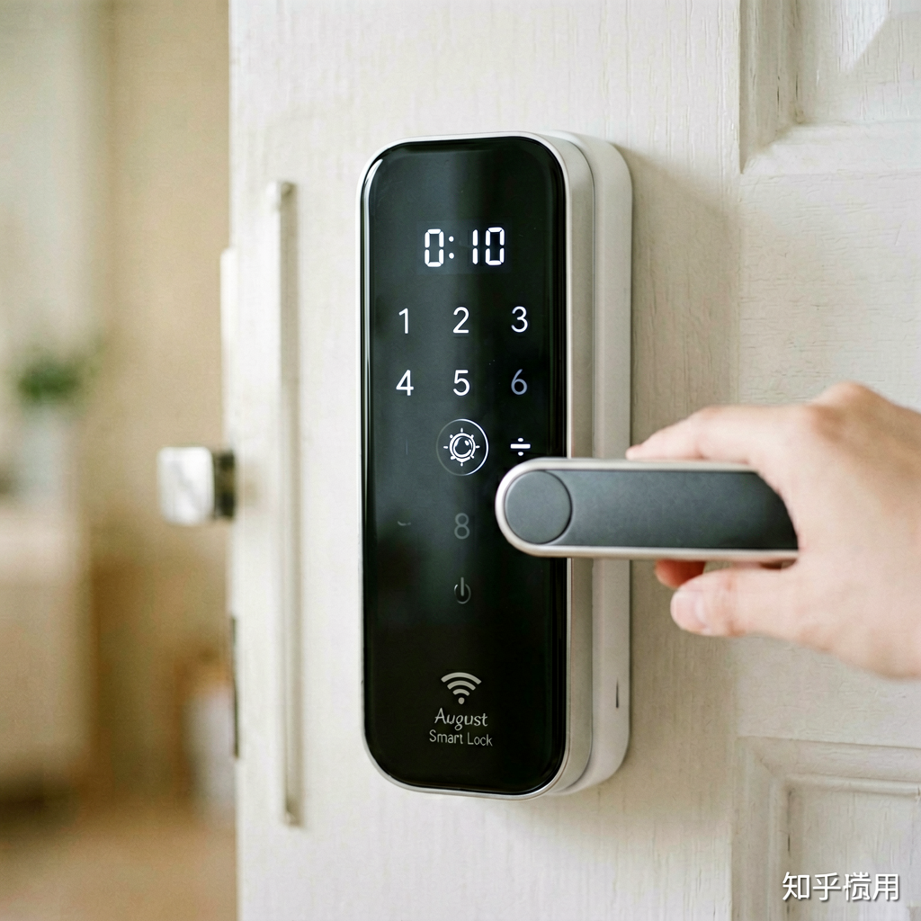 Close up detail shot of August Wi-Fi Smart Lock in use, shallow depth of field, realistic product photography