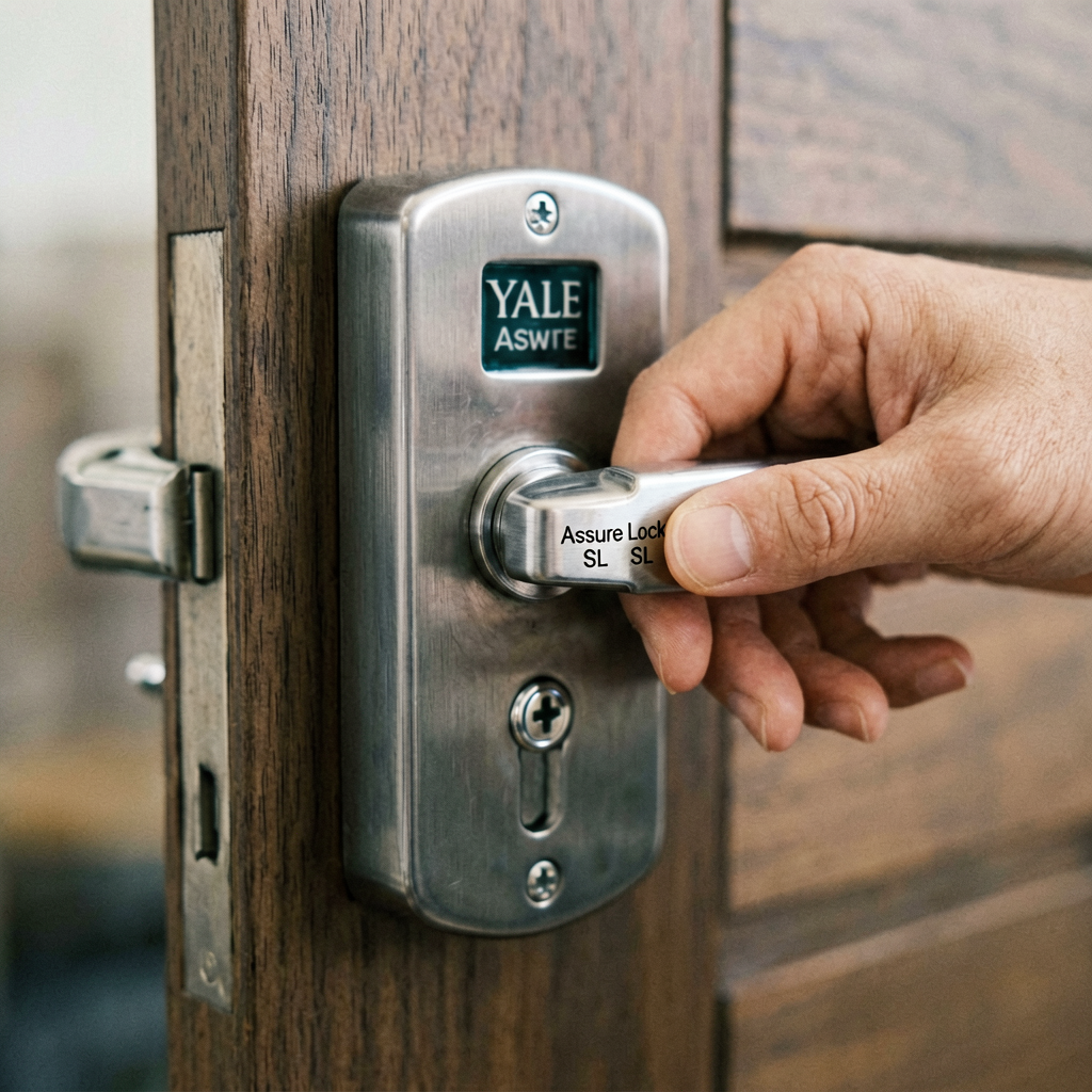 Close up detail shot of Yale Assure Lock SL in use, shallow depth of field, realistic product photography