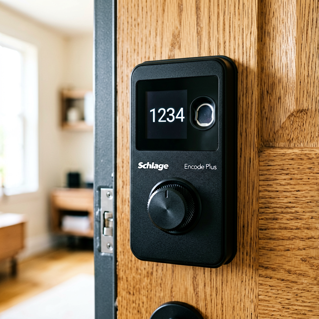 Close up detail shot of Schlage Encode Plus in use, shallow depth of field, realistic product photography