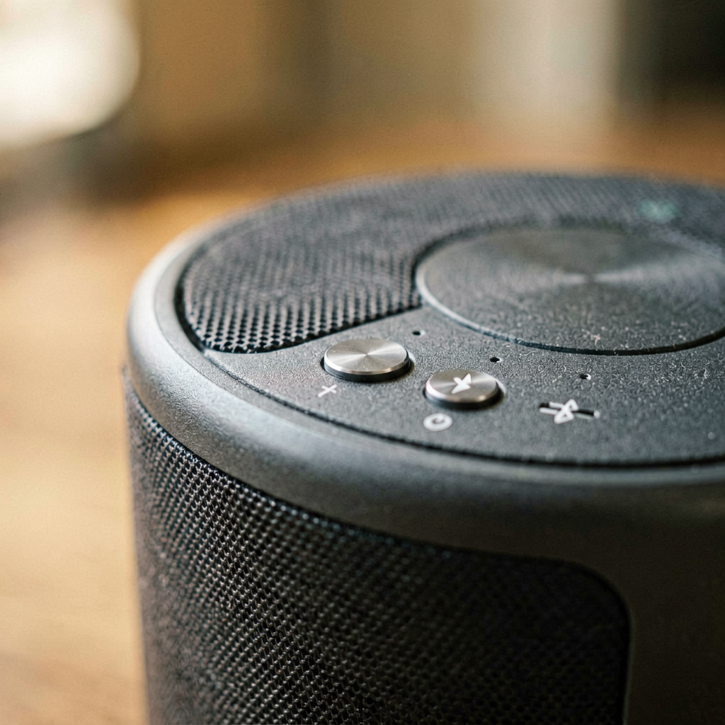 Close up detail shot of bluetooth speaker in use, shallow depth of field, realistic product photography