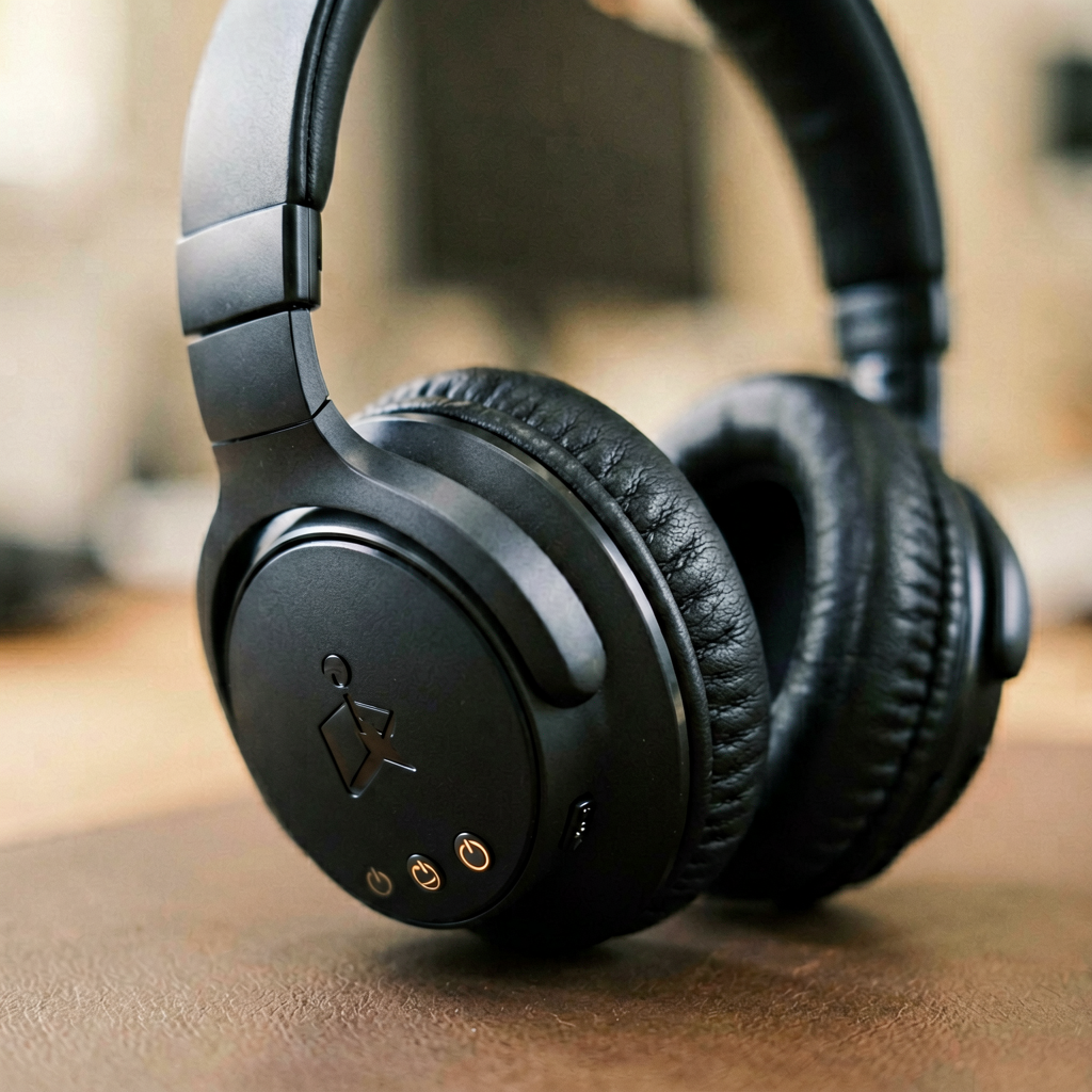 Close up detail shot of noise cancelling headphones in use, shallow depth of field, realistic product photography