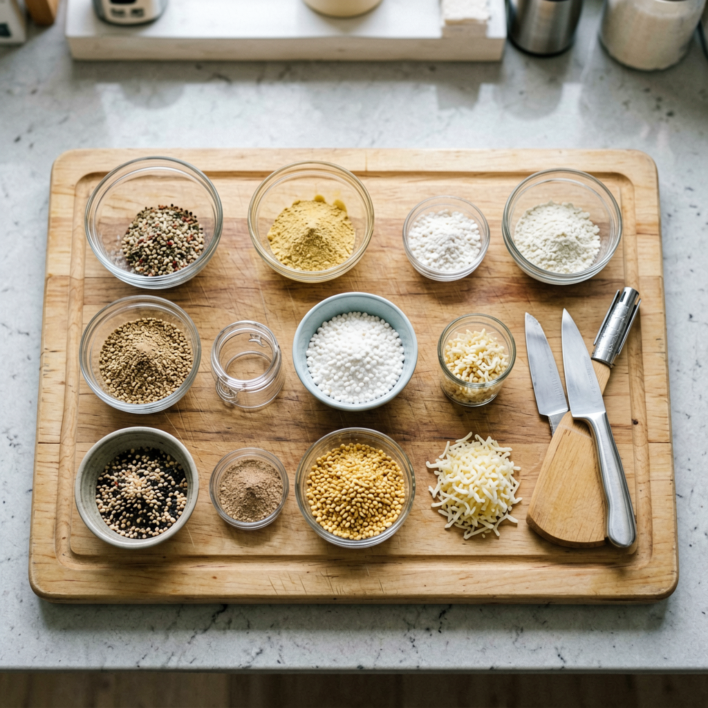 Ingredients prepped and organized on cutting board, mise en place, professional kitchen setup