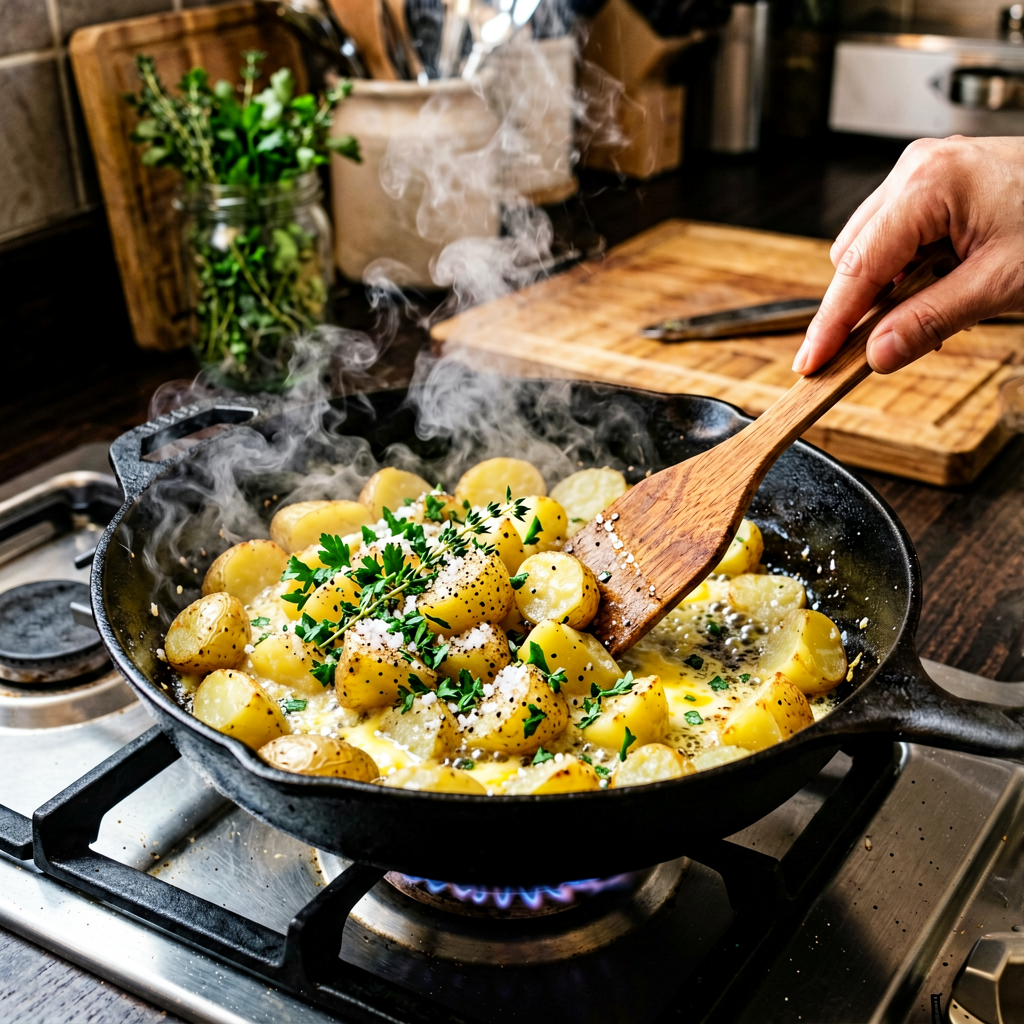 Cooking process shot, Crispy Smashed Breakfast Potatoes with Garlic-Herb Butter in pan, steam rising, professional action photography