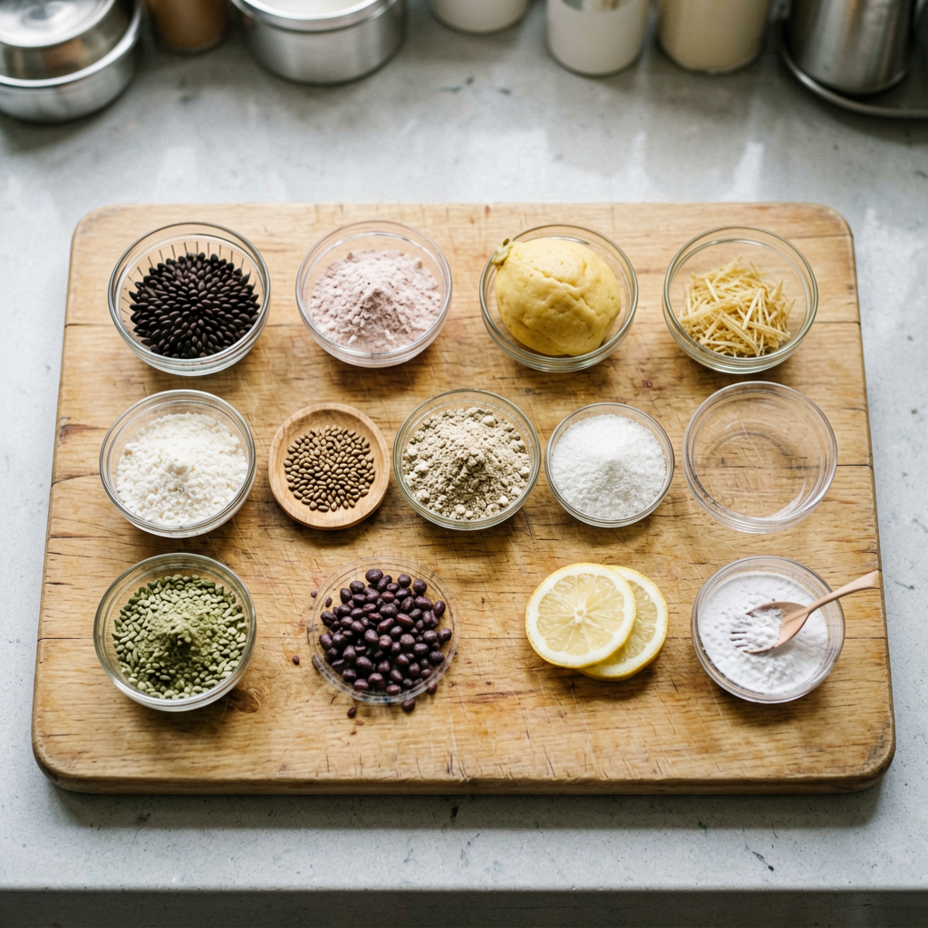 Ingredients prepped and organized on cutting board, mise en place, professional kitchen setup