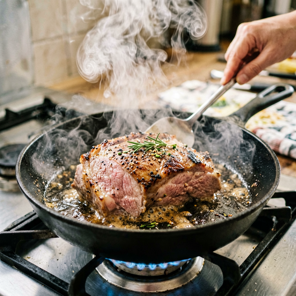 Cooking process shot, Easy American Pork Roast in pan, steam rising, professional action photography
