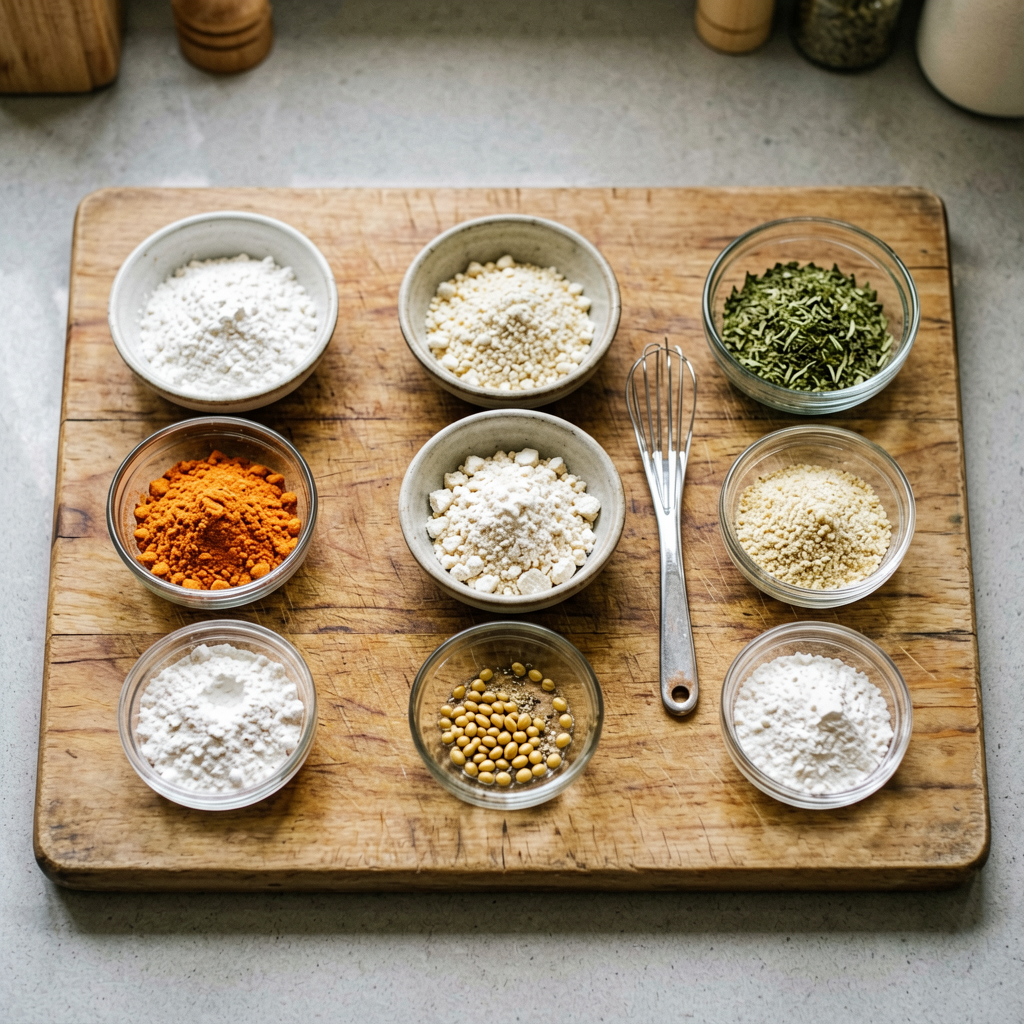 Ingredients prepped and organized on cutting board, mise en place, professional kitchen setup