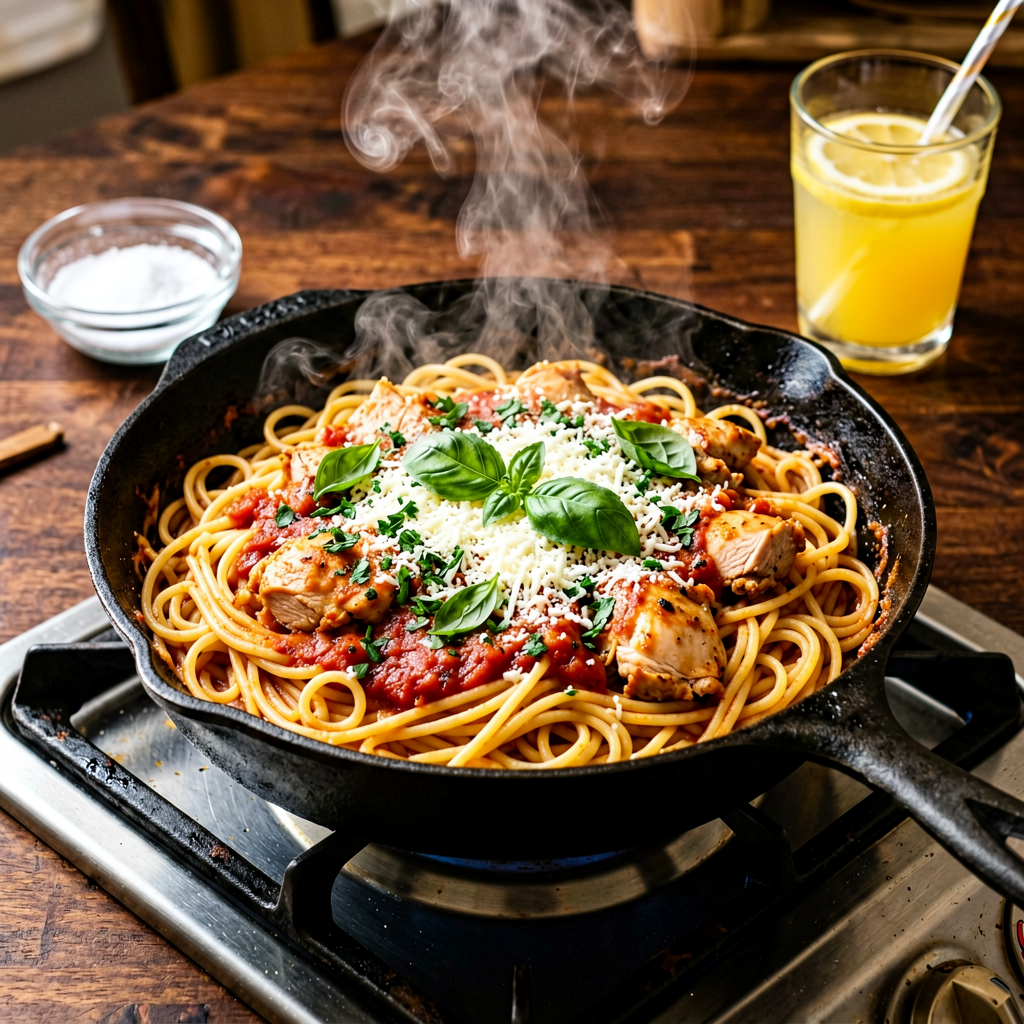 Cooking process shot, Family Dinner Mexican Chicken Pasta in pan, steam rising, professional action photography