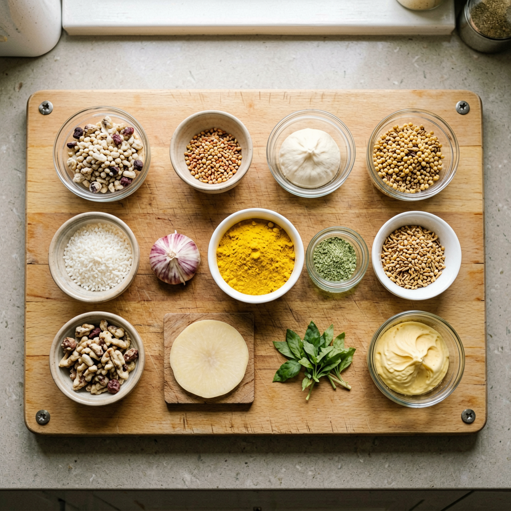 Ingredients prepped and organized on cutting board, mise en place, professional kitchen setup