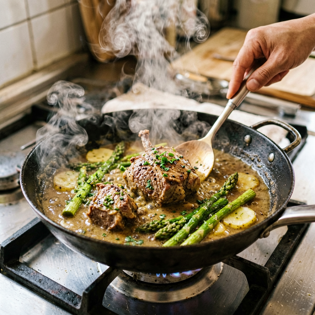 Cooking process shot, Lamb and Asparagus Curry (French) in pan, steam rising, professional action photography