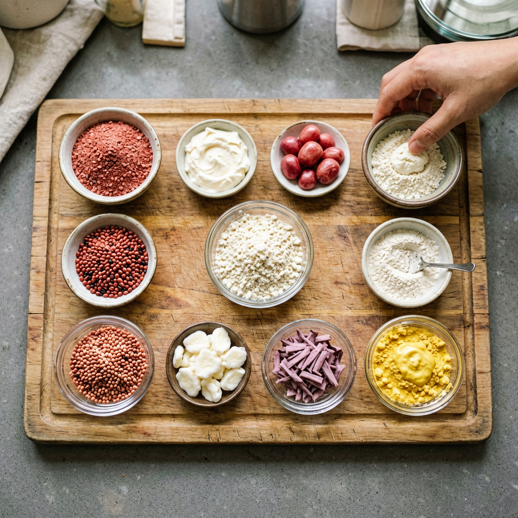 Ingredients prepped and organized on cutting board, mise en place, professional kitchen setup