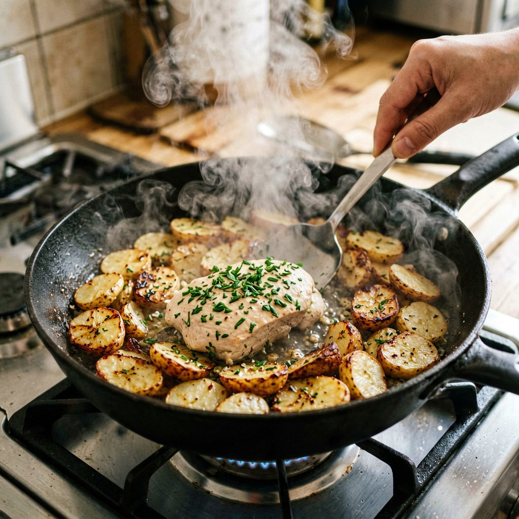 Cooking process shot, One-Pan Lemon Herb Chicken with Crispy Potatoes in pan, steam rising, professional action photography