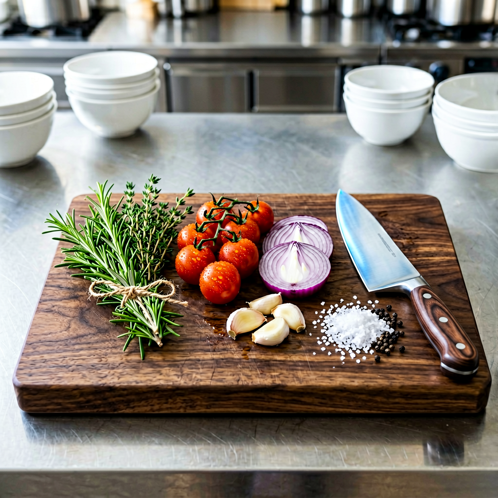 Ingredients prepped and organized on cutting board, mise en place, professional kitchen setup