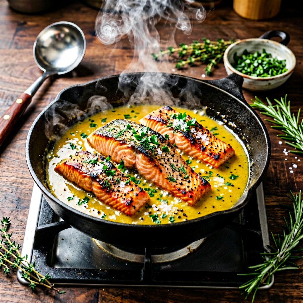 Cooking process shot, One-Pan Salmon Roast with Creamy Dill Sauce in pan, steam rising, professional action photography