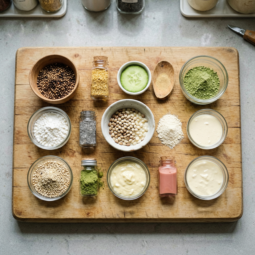 Ingredients prepped and organized on cutting board, mise en place, professional kitchen setup