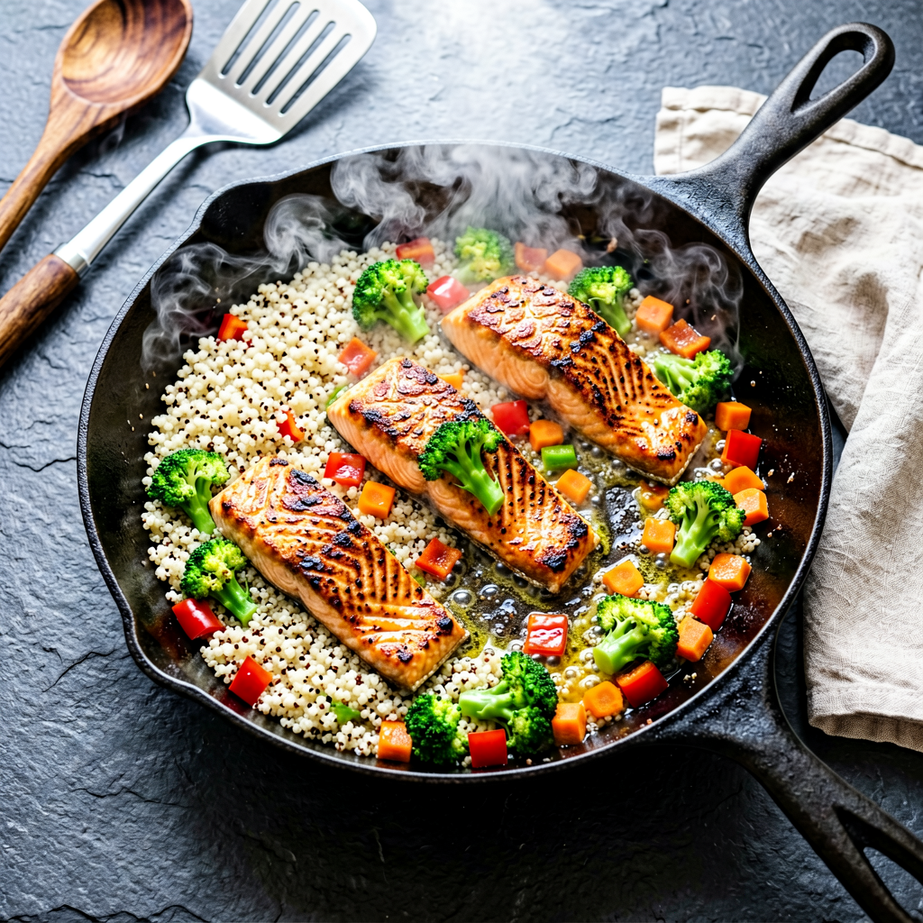 Cooking process shot, Salmon and Quinoa Stir Fry (French) in pan, steam rising, professional action photography