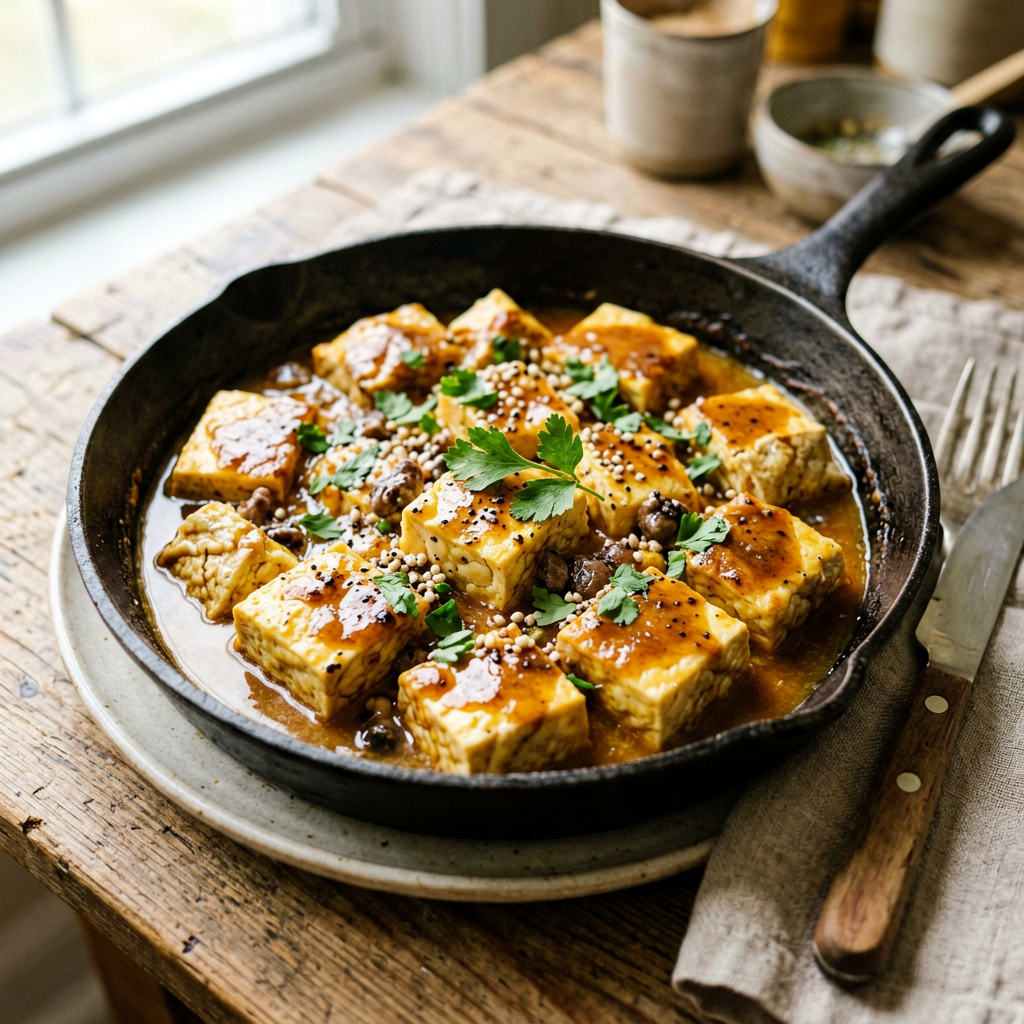 Finished Sheet Pan Tofu Curry with Honey Soy beautifully plated, professional food photography, natural lighting