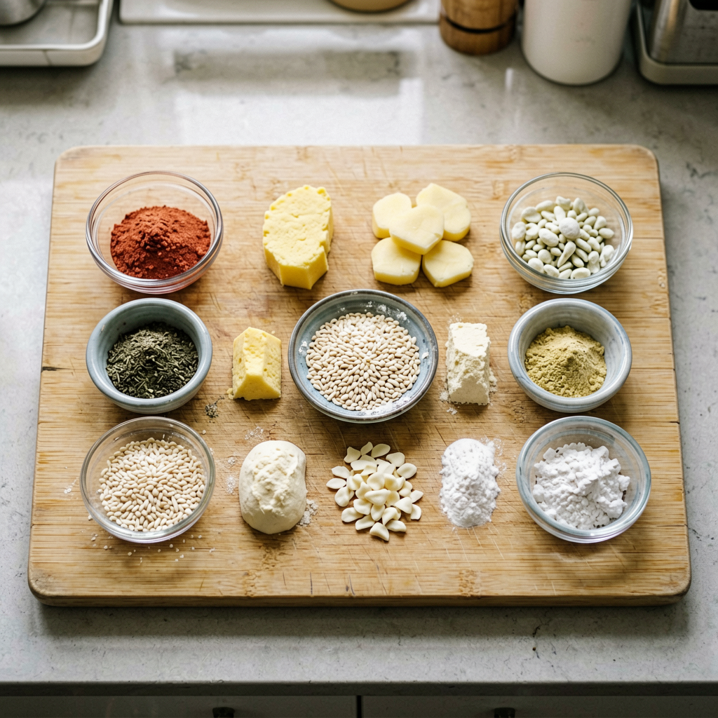 Ingredients prepped and organized on cutting board, mise en place, professional kitchen setup