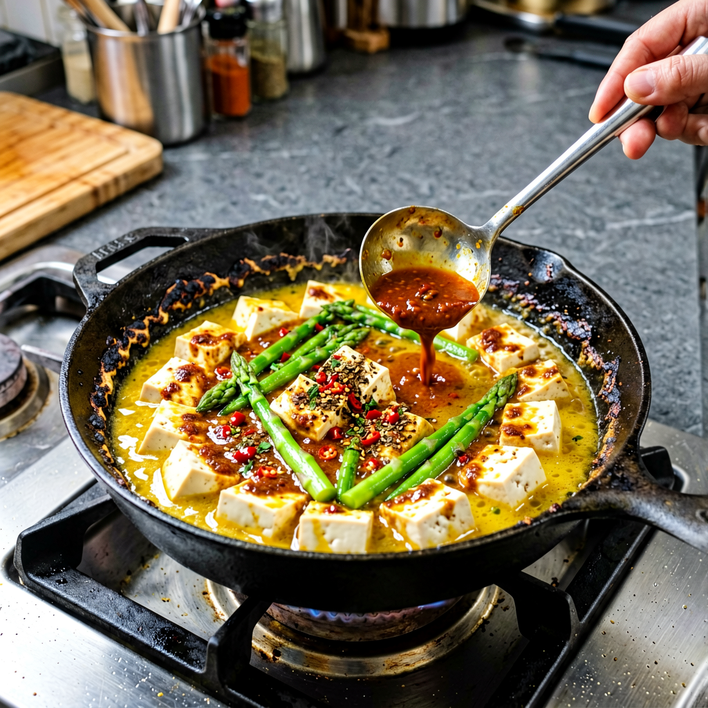 Cooking process shot, Sheet Pan Tofu Curry with Honey Soy in pan, steam rising, professional action photography