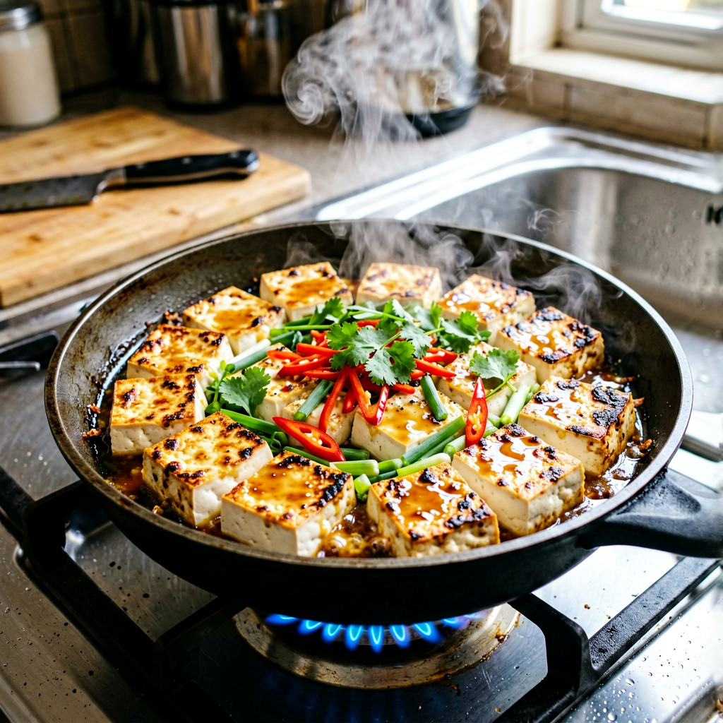 Cooking process shot, Sheet Pan Tofu with Honey Soy and Ginger in pan, steam rising, professional action photography