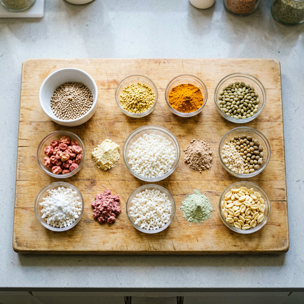 Ingredients prepped and organized on cutting board, mise en place, professional kitchen setup