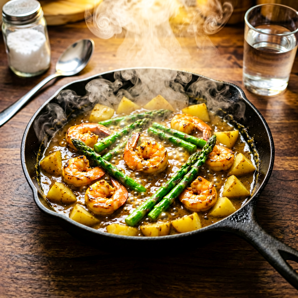 Cooking process shot, Shrimp and Asparagus Curry (Asian) in pan, steam rising, professional action photography