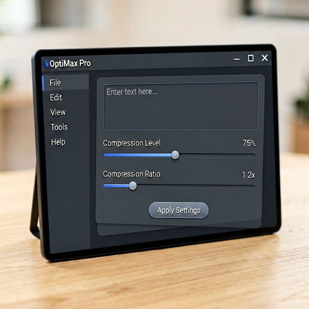 Close up detail shot of OptiMax Pro software interface showing compression settings, shallow depth of field, realistic product photography