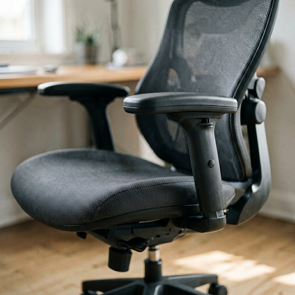 Close up detail shot of ergonomic chair in use, shallow depth of field, realistic product photography