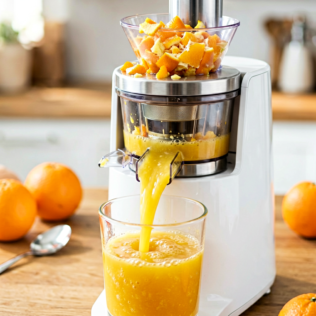 Close up detail shot of juicer in use, shallow depth of field, realistic product photography